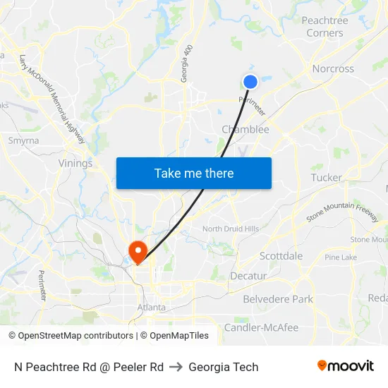 N Peachtree Rd @ Peeler Rd to Georgia Tech map