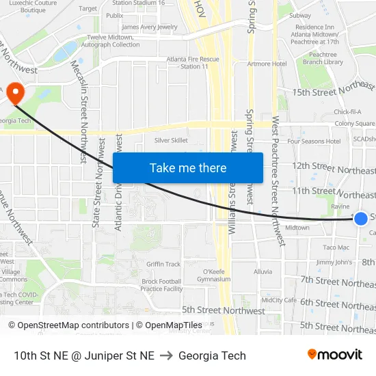 10th St NE @ Juniper St NE to Georgia Tech map