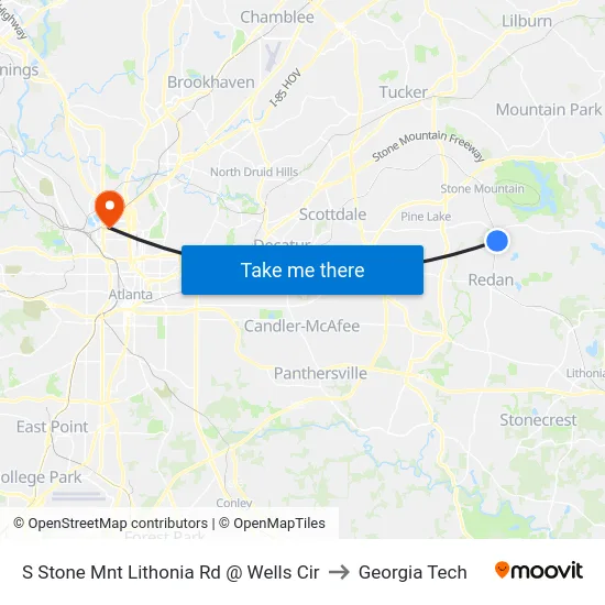 S Stone Mnt Lithonia Rd @ Wells Cir to Georgia Tech map