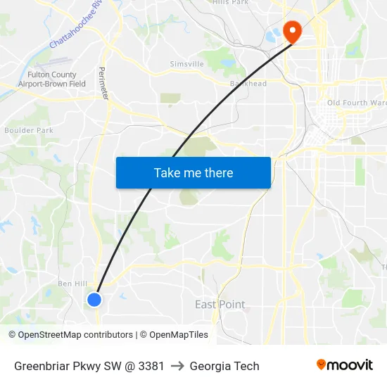 Greenbriar Pkwy SW @ 3381 to Georgia Tech map