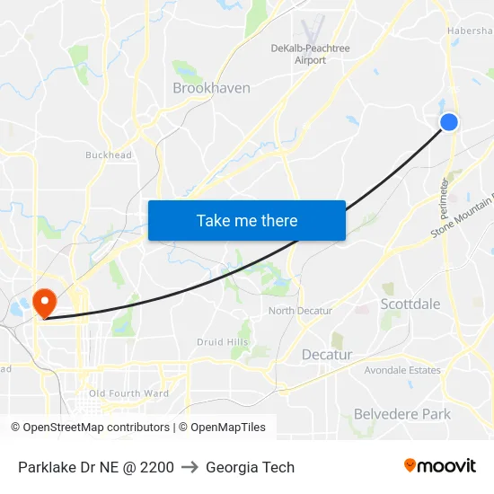 Parklake Dr NE @ 2200 to Georgia Tech map