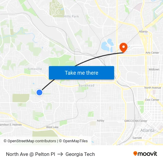 North Ave @ Pelton Pl to Georgia Tech map