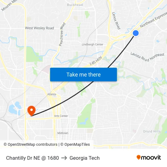Chantilly Dr NE @ 1680 to Georgia Tech map