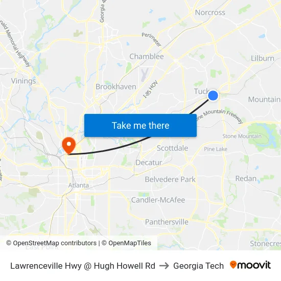 Lawrenceville Hwy @ Hugh Howell Rd to Georgia Tech map