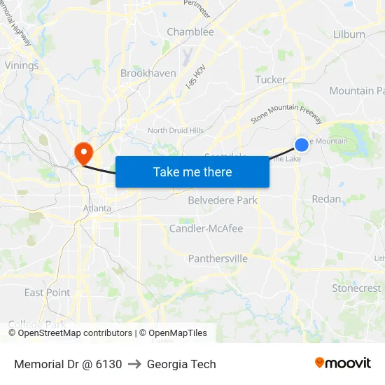 Memorial Dr @ 6130 to Georgia Tech map
