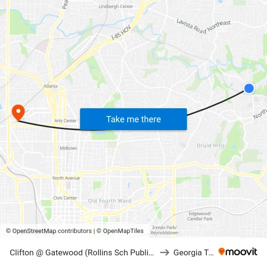 Clifton @ Gatewood (Rollins Sch Public Health) to Georgia Tech map