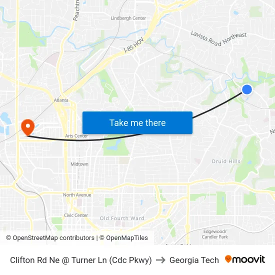 Clifton Rd Ne @ Turner Ln (Cdc Pkwy) to Georgia Tech map