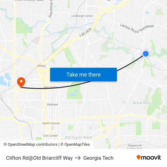 Clifton Rd@Old Briarcliff Way to Georgia Tech map