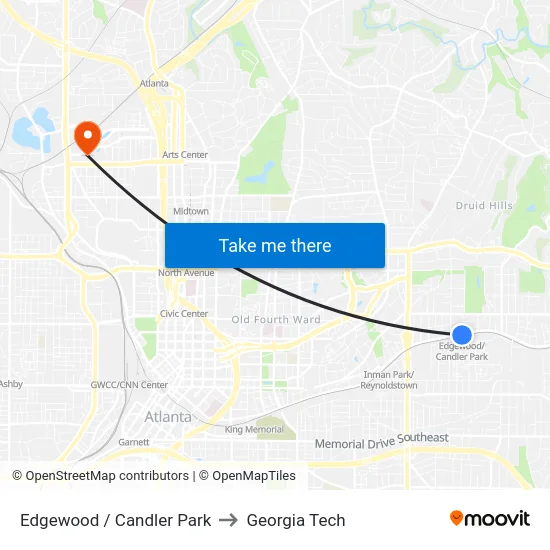 Edgewood / Candler Park to Georgia Tech map