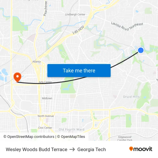 Wesley Woods Budd Terrace to Georgia Tech map
