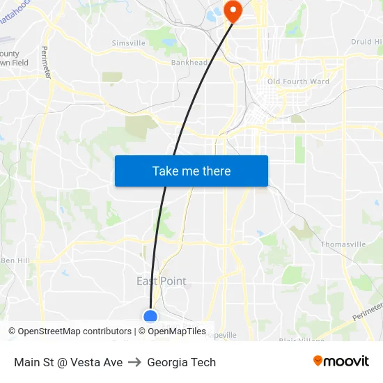 Main St @ Vesta Ave to Georgia Tech map