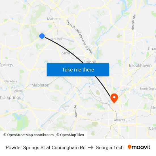 Powder Springs St at Cunningham Rd to Georgia Tech map