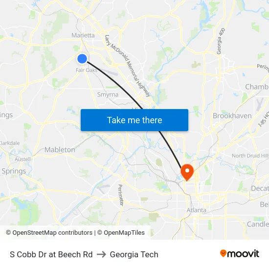 S Cobb Dr at Beech Rd to Georgia Tech map