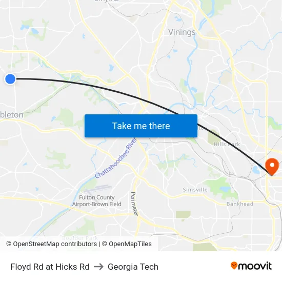 Floyd Rd at Hicks Rd to Georgia Tech map