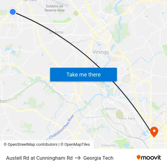 Austell Rd at Cunningham Rd to Georgia Tech map