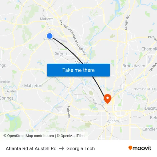Atlanta Rd at Austell Rd to Georgia Tech map