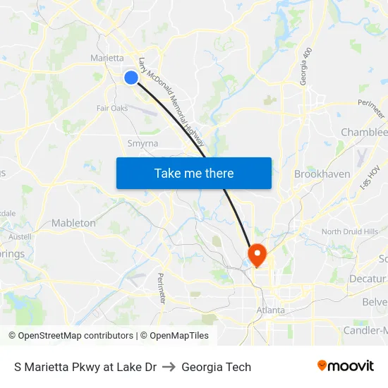 S Marietta Pkwy at Lake Dr to Georgia Tech map