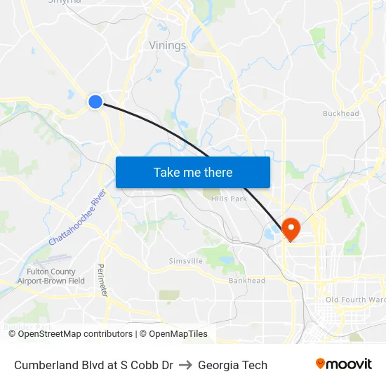 Cumberland Blvd at S Cobb Dr to Georgia Tech map