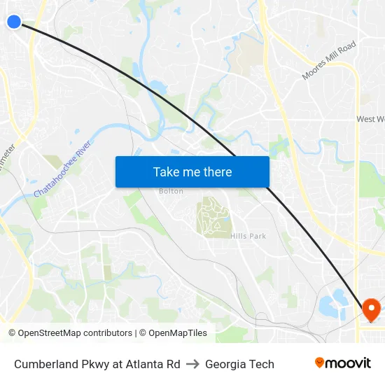 Cumberland Pkwy at Atlanta Rd to Georgia Tech map