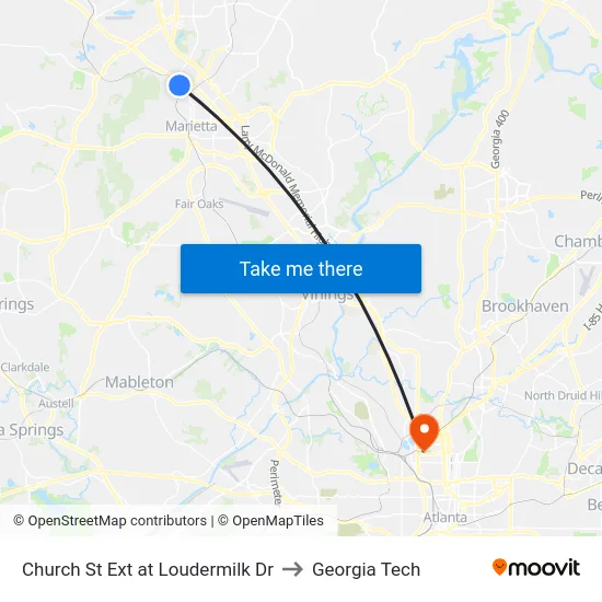 Church St Ext at Loudermilk Dr to Georgia Tech map