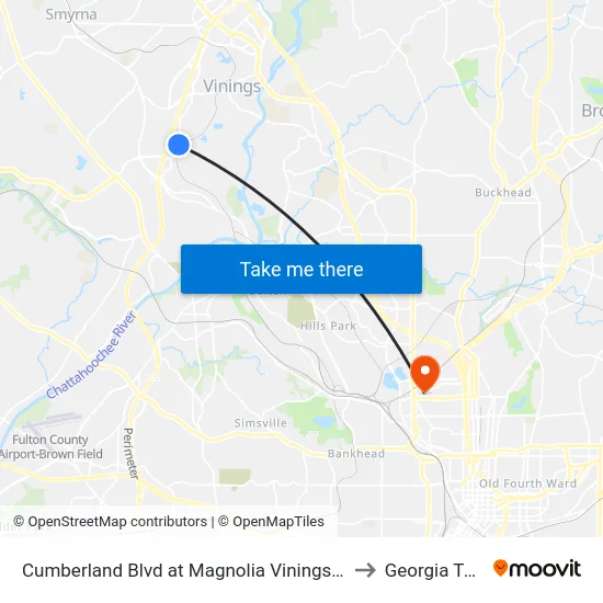 Cumberland Blvd at Magnolia Vinings Apts to Georgia Tech map