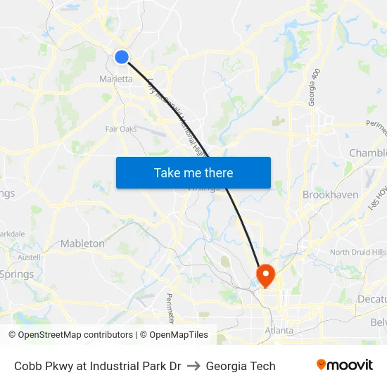Cobb Pkwy at Industrial Park Dr to Georgia Tech map