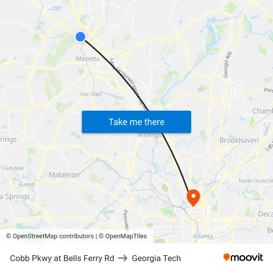 Cobb Pkwy at Bells Ferry Rd to Georgia Tech map