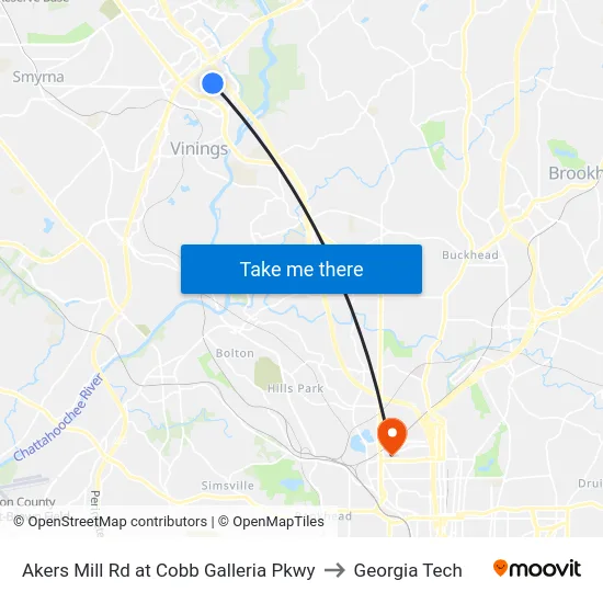 Akers Mill Rd at Cobb Galleria Pkwy to Georgia Tech map