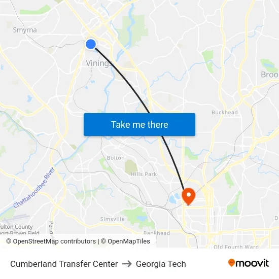Cumberland Transfer Center to Georgia Tech map