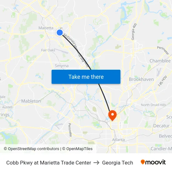 Cobb Pkwy at Marietta Trade Center to Georgia Tech map