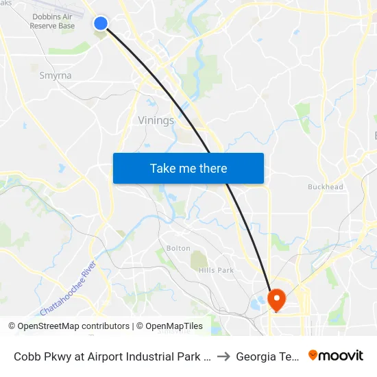 Cobb Pkwy at Airport Industrial Park Dr to Georgia Tech map