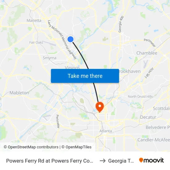 Powers Ferry Rd at Powers Ferry Common to Georgia Tech map