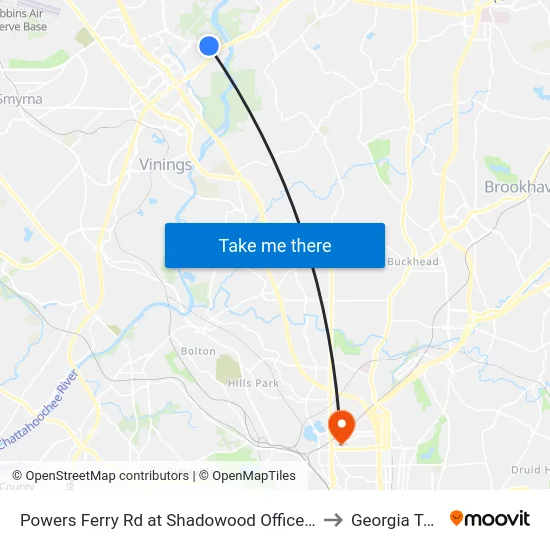 Powers Ferry Rd at Shadowood Office Park to Georgia Tech map