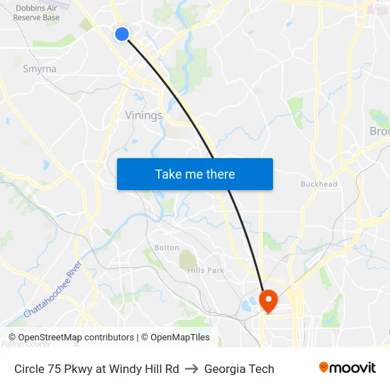 Circle 75 Pkwy at Windy Hill Rd to Georgia Tech map