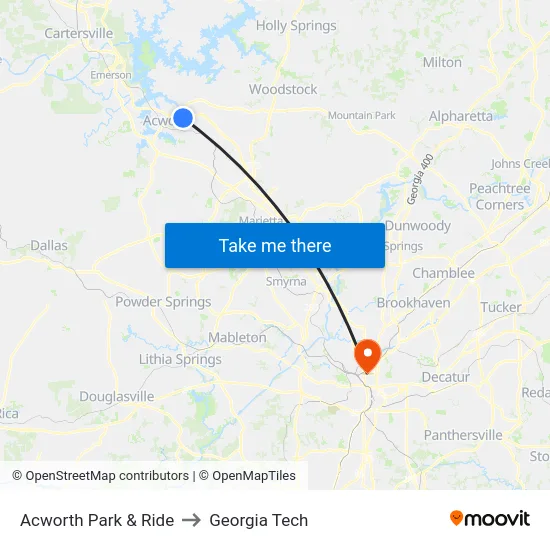 Acworth Park & Ride to Georgia Tech map