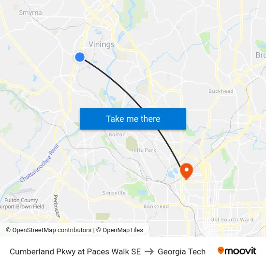 Cumberland Pkwy at Paces Walk SE to Georgia Tech map