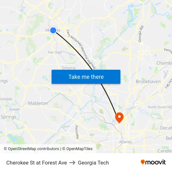 Cherokee St at Forest Ave to Georgia Tech map