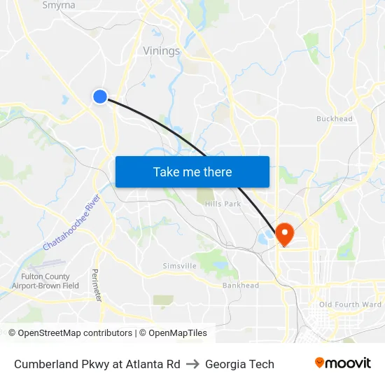 Cumberland Pkwy at Atlanta Rd to Georgia Tech map