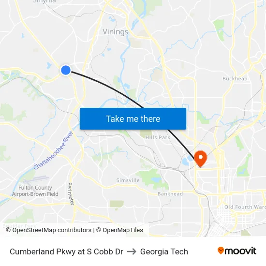 Cumberland Pkwy at S Cobb Dr to Georgia Tech map