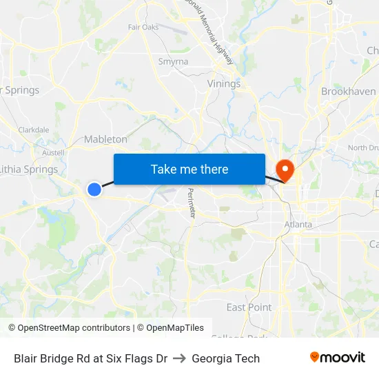 Blair Bridge Rd at Six Flags Dr to Georgia Tech map