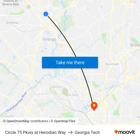 Circle 75 Pkwy at Herodian Way to Georgia Tech map