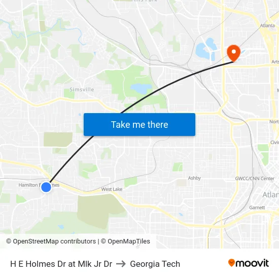 H E Holmes Dr at Mlk Jr Dr to Georgia Tech map