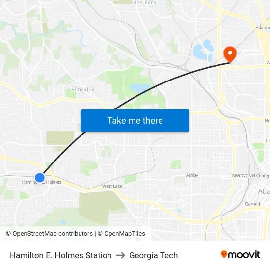 Hamilton E. Holmes Station to Georgia Tech map