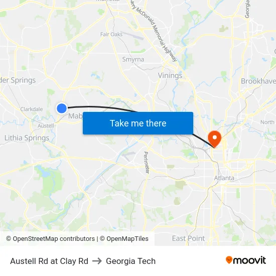 Austell Rd at Clay Rd to Georgia Tech map