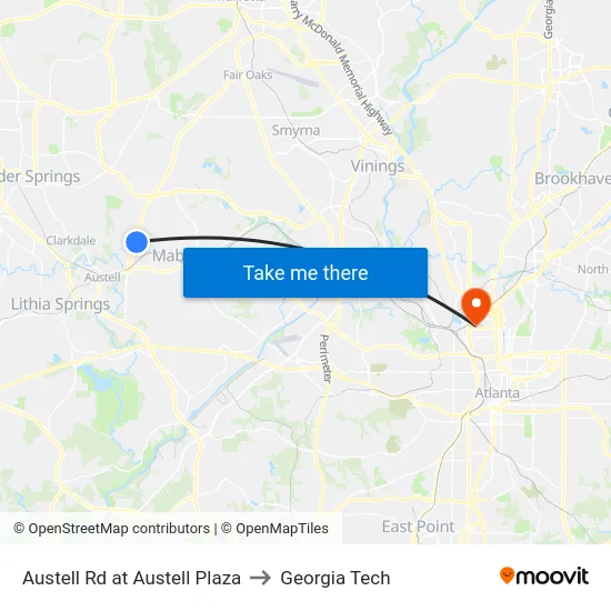 Austell Rd at Austell Plaza to Georgia Tech map