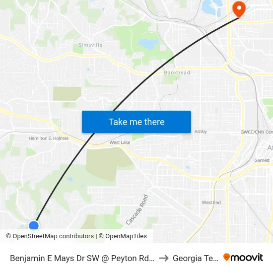 Benjamin E Mays Dr SW @ Peyton Rd SW to Georgia Tech map