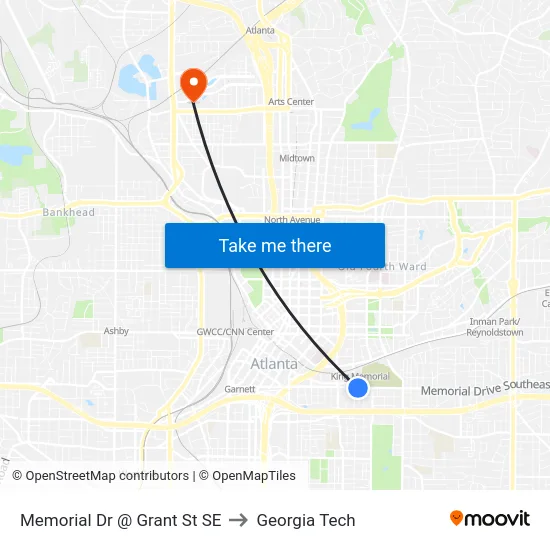 Memorial Dr @ Grant St SE to Georgia Tech map
