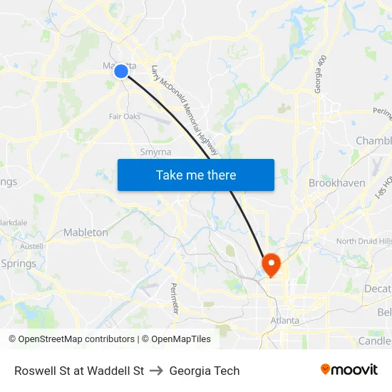 Roswell St at Waddell St to Georgia Tech map