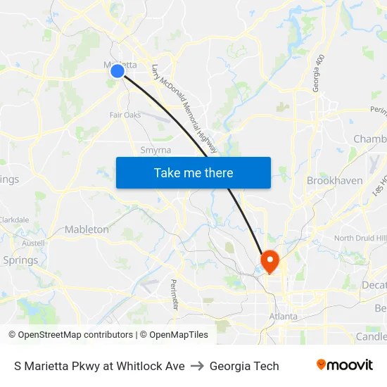 S Marietta Pkwy at Whitlock Ave to Georgia Tech map