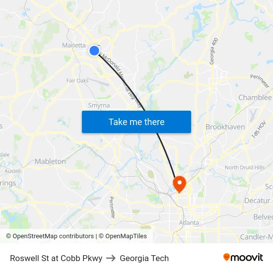 Roswell St at Cobb Pkwy to Georgia Tech map